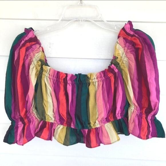 LPA x Revolve NEW Leila Multi Rainbow Stripe Ruffled Cropped Poof Sleeve Top XS - Picture 2 of 6